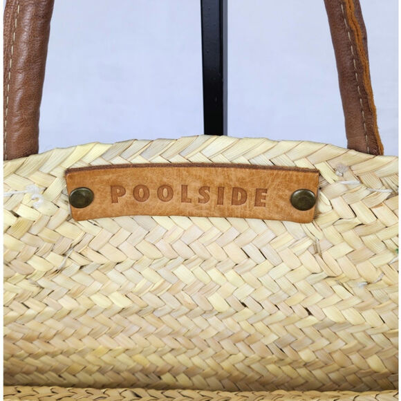 POOLSIDE Straw Tote Leather Handle Black Embroidery Personalized Beach Summer - Picture 2 of 7